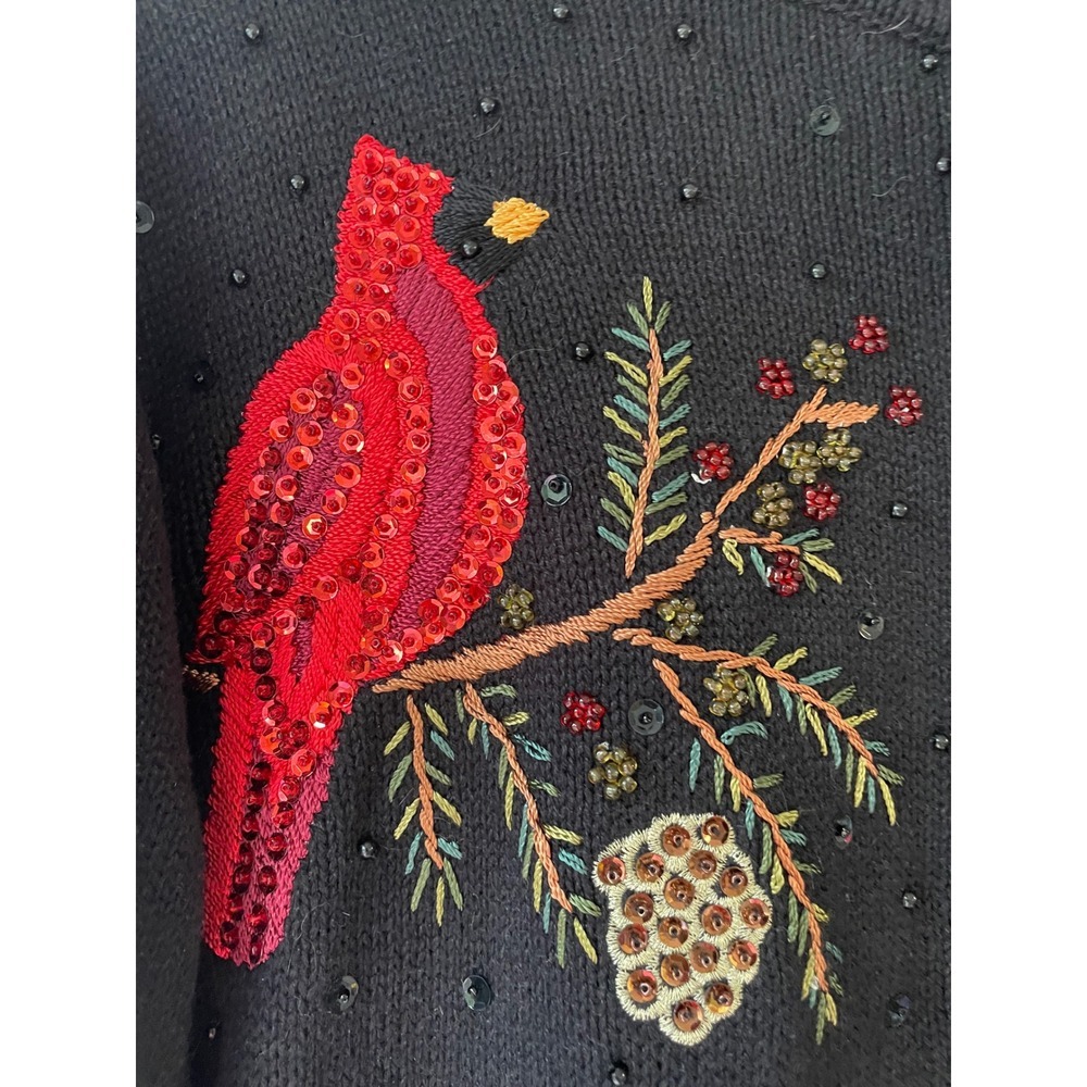 Quacker Factory Womens Cardigan 1X Black Cardinal Bird Embellished Full Zip - Picture 4 of 5